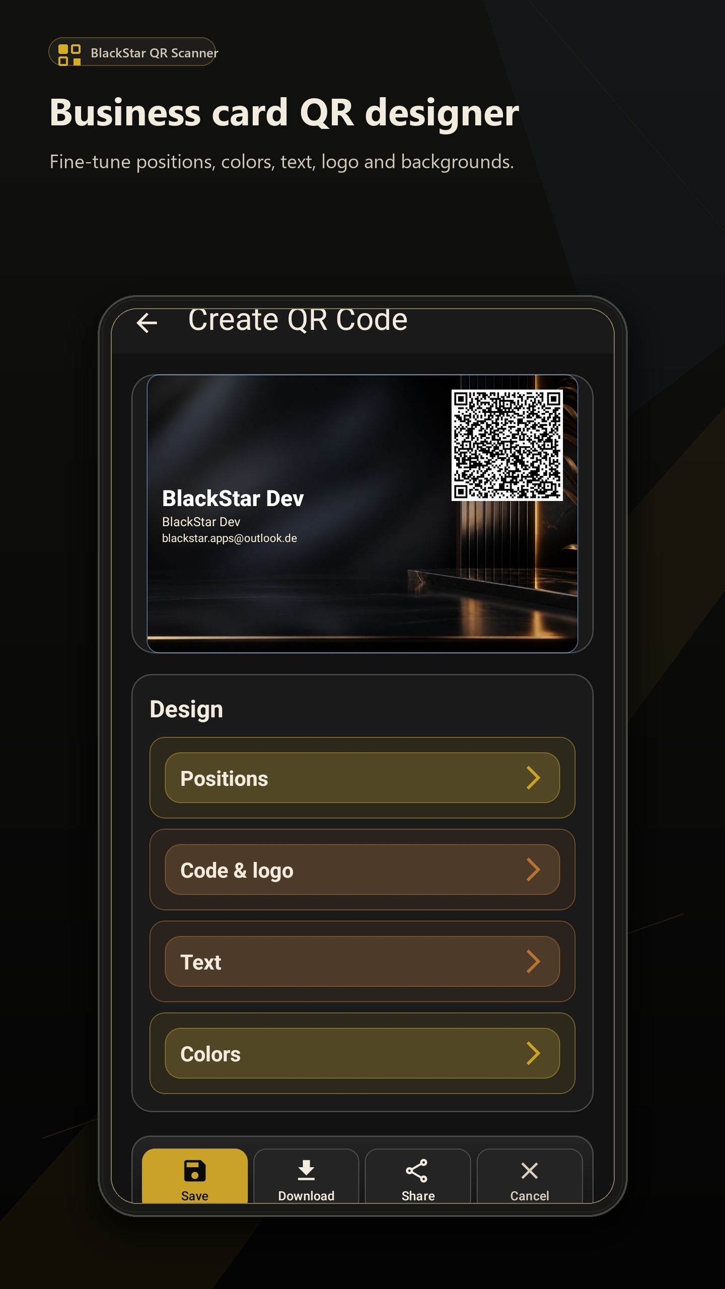 Business card designer in BlackStar QR Scanner