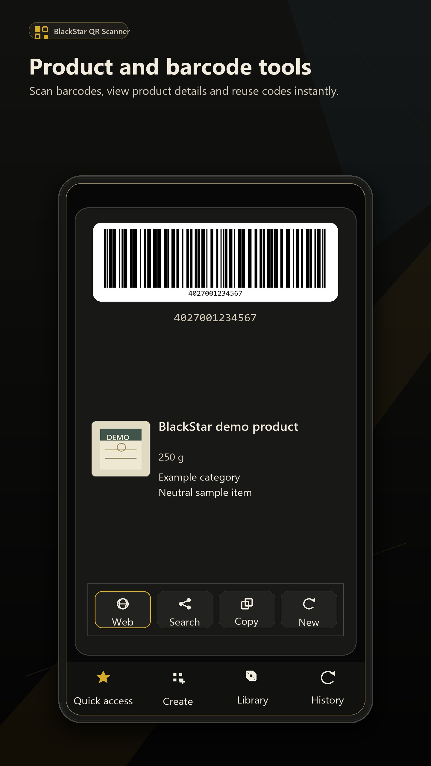 Product and barcode result with quick actions