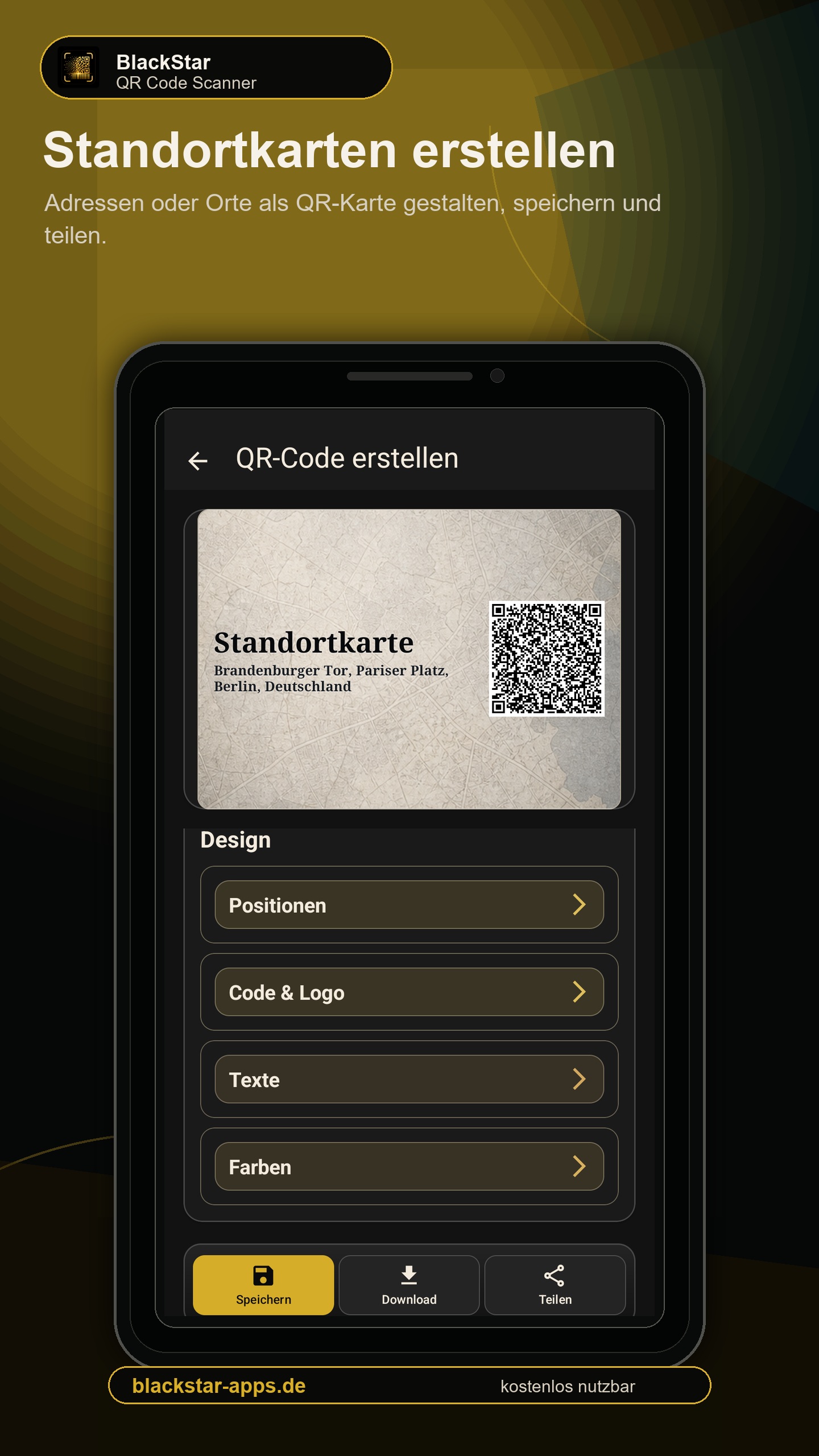 Standortkarte mit QR-Code und Designoptionen