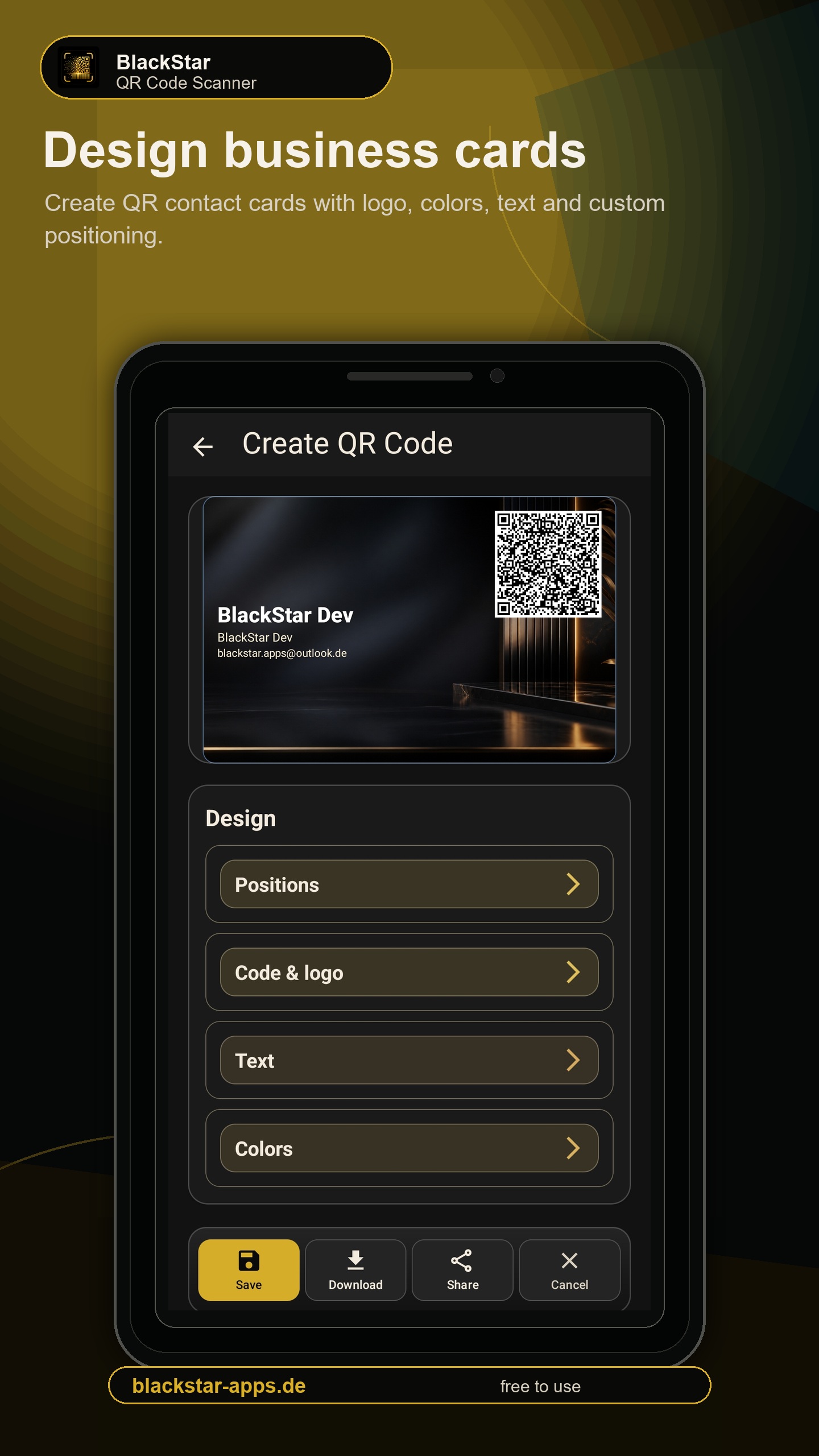 Business card designer in BlackStar QR Scanner