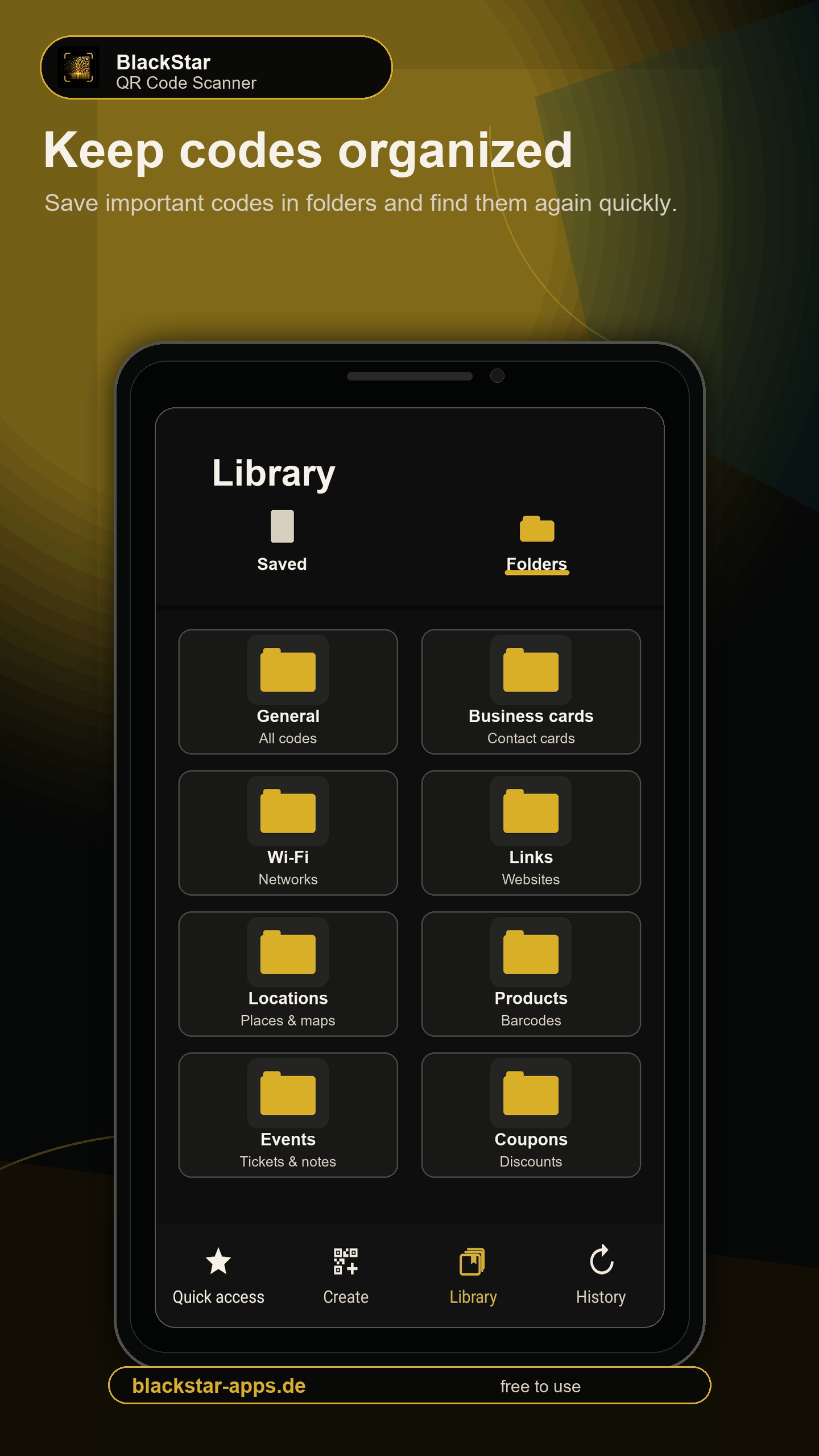 Library with folders for saved codes