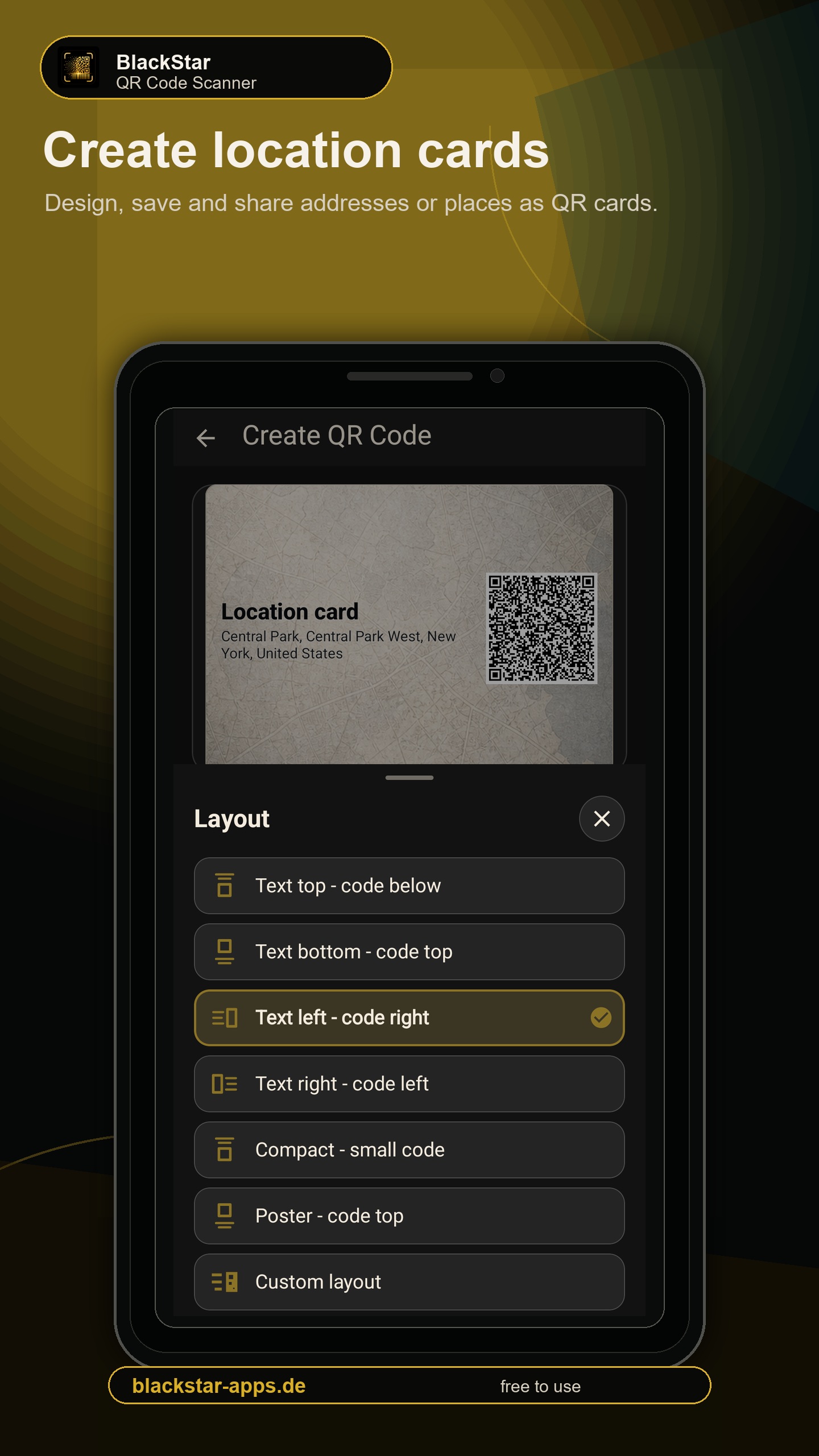Location card with QR code and design options
