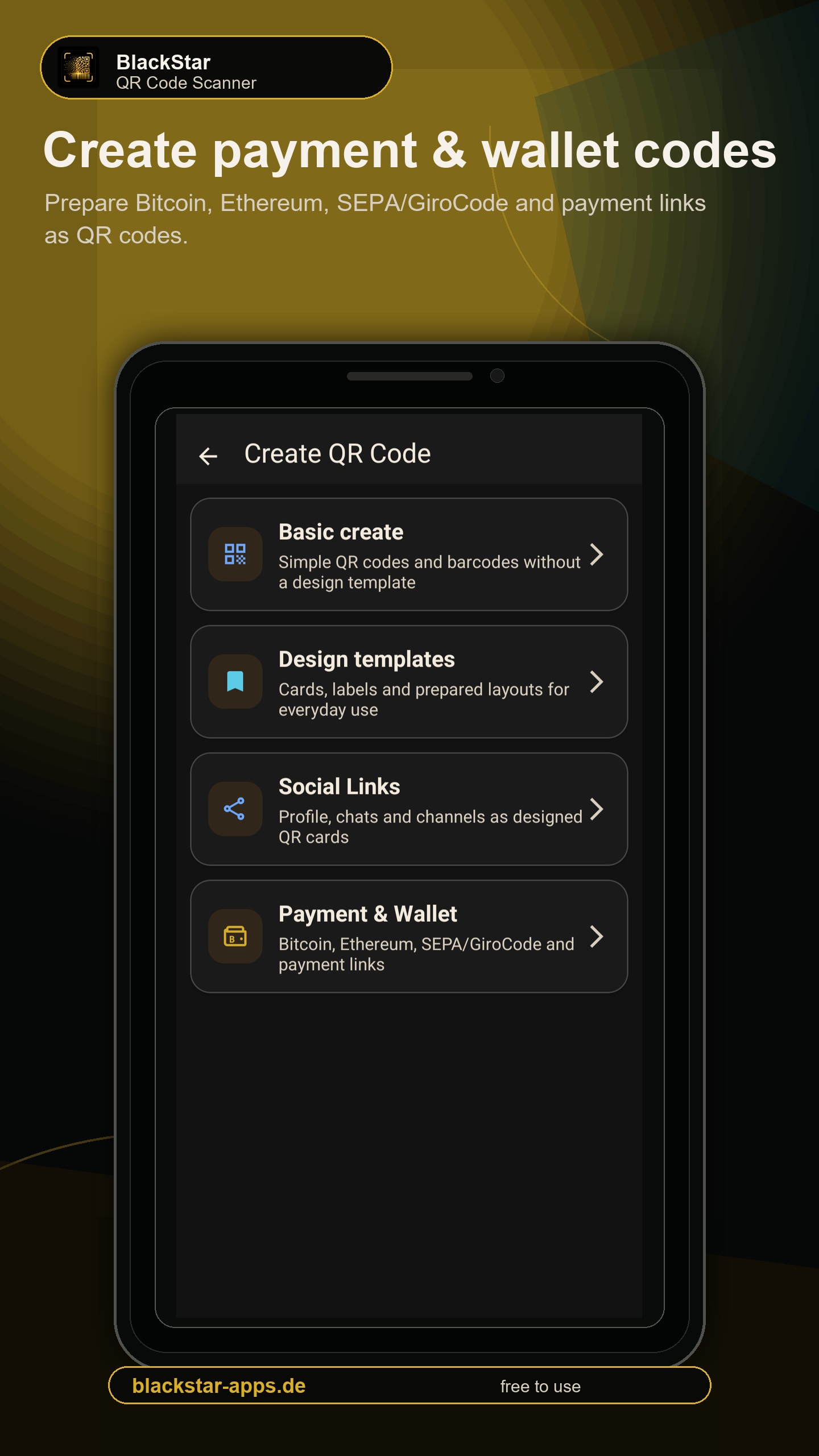 Payment and wallet section in the QR code generator